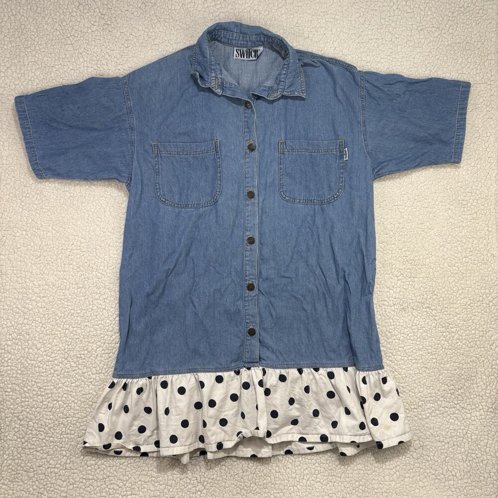 SWITCH USA Vintage Drop Waist Denim Shirt Dress Polka Dot Ruffle Midi Oversized